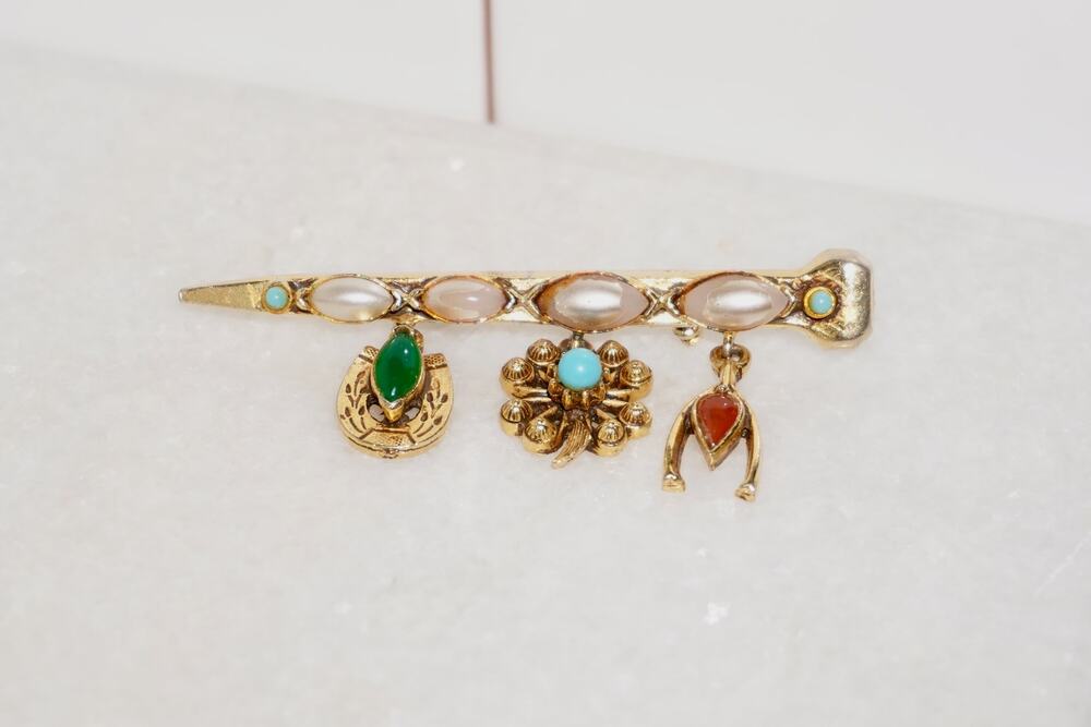 Vintage Signed Florenza Pearl & Turquoise Charm Pin | Gold Tone Charm Brooch